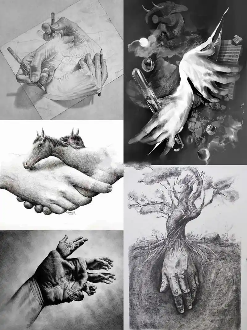 99今天分享的都是跟手有关的创意素描素材 99学过画画的都知道手