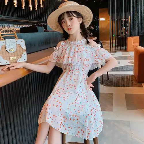 女童露肩连衣裙2022新款十岁女孩夏装12中大童13雪纺裙子小清新10
