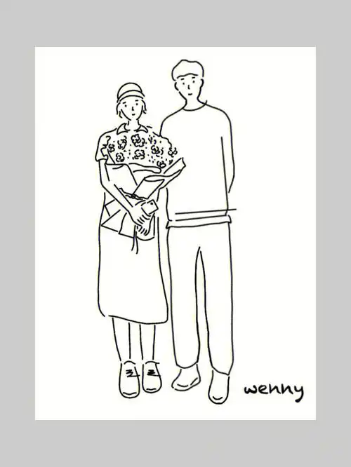 极简手绘人物线条画黑白线描情侣头像ins风