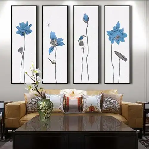 蓝色荷花四联画装饰国画酒店壁画风水画送客户名家书画新中式挂画