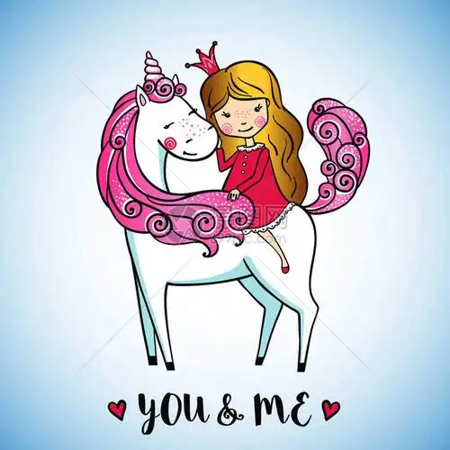 与小公主的贺卡在魔法独角兽上爱的概念矢量说明小女孩在可爱的独角兽