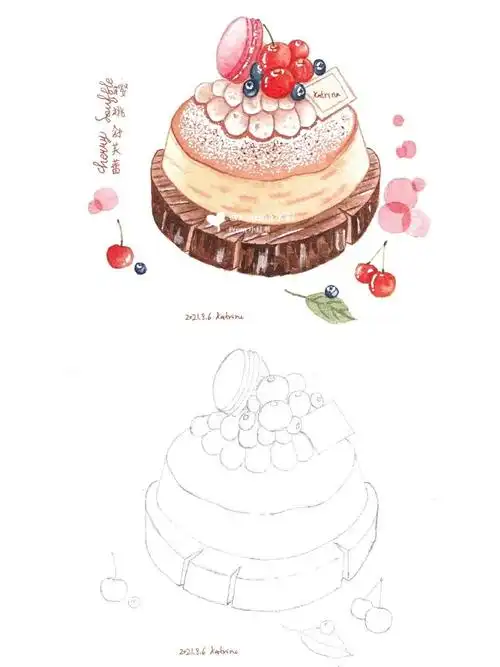 水彩美食樱桃舒芙蕾手绘下午茶甜品