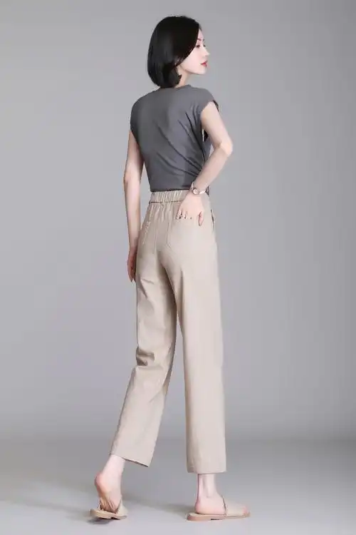 皮尔卡丹品牌高档女装棉麻直筒裤女九分春夏薄款高腰宽松显瘦亚麻休闲