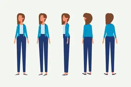 正面, 侧面, 背面, 3/4 视图一套矢量卡通人物可爱的西伯利亚哈士奇狗