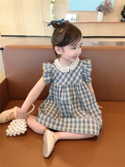 女童夏季连衣裙适合08岁小女孩子夏天穿的格子裙子洋气女宝宝蕾丝棉绸