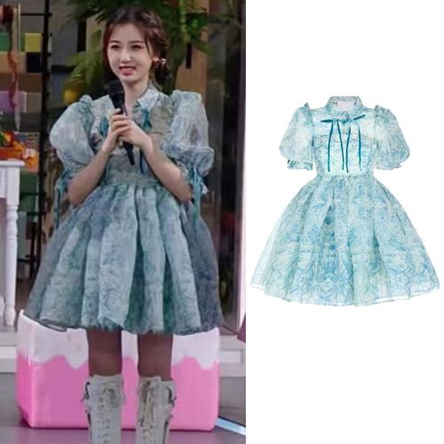 铭汇通虞书欣同款衣服selkie仙蓝色复古碎花泡泡袖公主蓬蓬连衣裙高腰