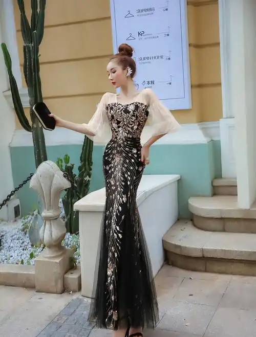 鱼尾晚礼服裙女气场女王宴会高贵气质长款 名媛仙气梦幻森系主持人