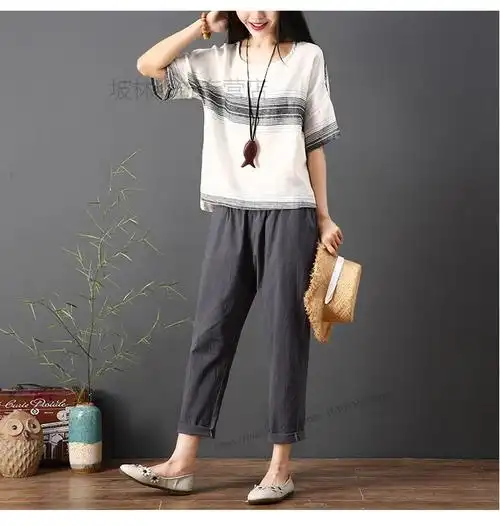 夏装女王轻奢素订棉麻女装套装亚麻原创高端夏季时尚女文艺复古短袖