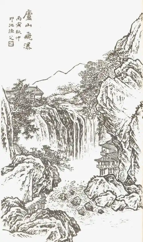 山水线描简笔画瀑布手绘山水线条简笔画国画山水简笔画一帆风顺山水画