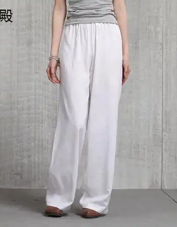 九殿2017夏季民族风棉麻裤子女夏松紧阔腿女裤长裤直筒裤米白色休闲裤