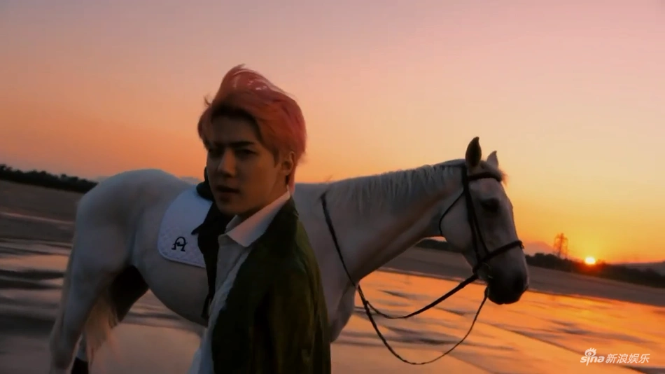 吴世勋新mv绿衣粉发帅气 夕阳下骑白马似王子