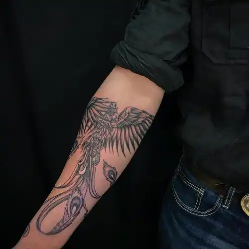 殷先生小臂黑灰凤凰纹身图案