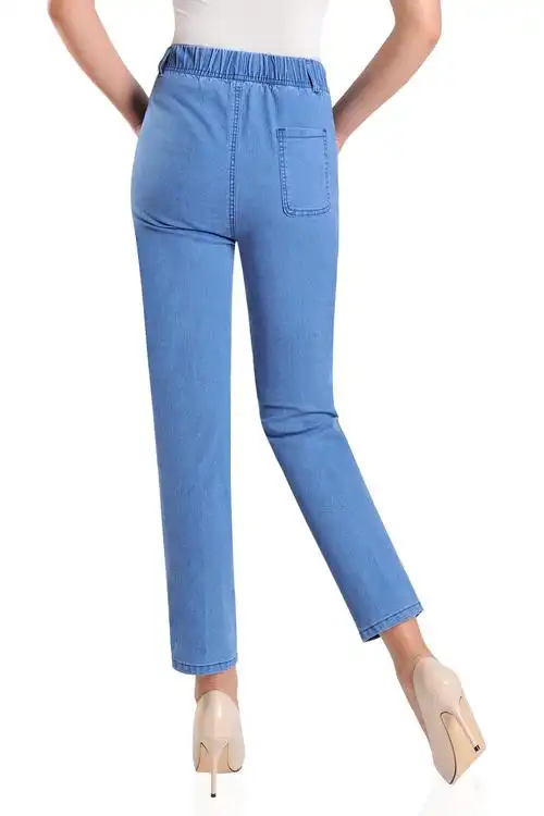 夏季薄款九分裤女裤宽松直筒松紧腰牛仔裤中老年棉弹力休闲妈妈裤