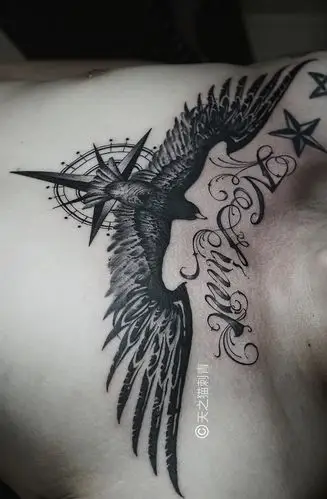 雄鹰胸口花胸翅膀纹身/天之猫刺青