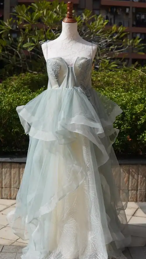 出租灰绿网纱吊带抹胸年会晚礼服女生日主持公主长款裙高端