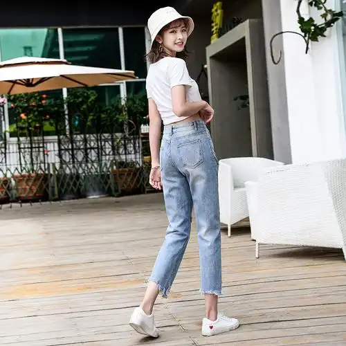 乞丐毛边破洞牛仔裤9855实拍春夏韩版新款女九分裤宽松显瘦哈伦裤
