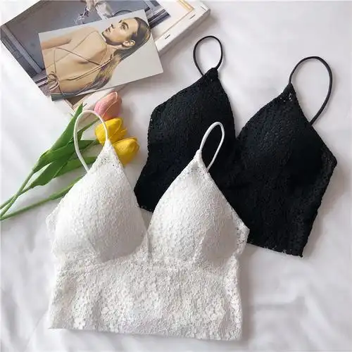 网红同款法式蕾丝内衣 深v领性感美背裹胸细肩带露肩外穿美背抹胸