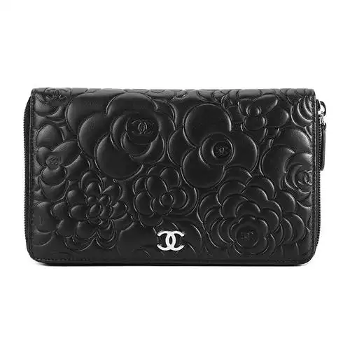 【chanel香奈儿 钱包】chanel(香奈儿) 黑色皮质山茶花长款拉链钱夹