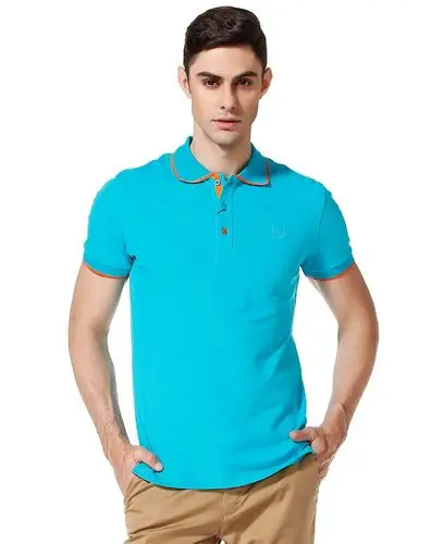 蓝绿色休闲翻领短袖t恤