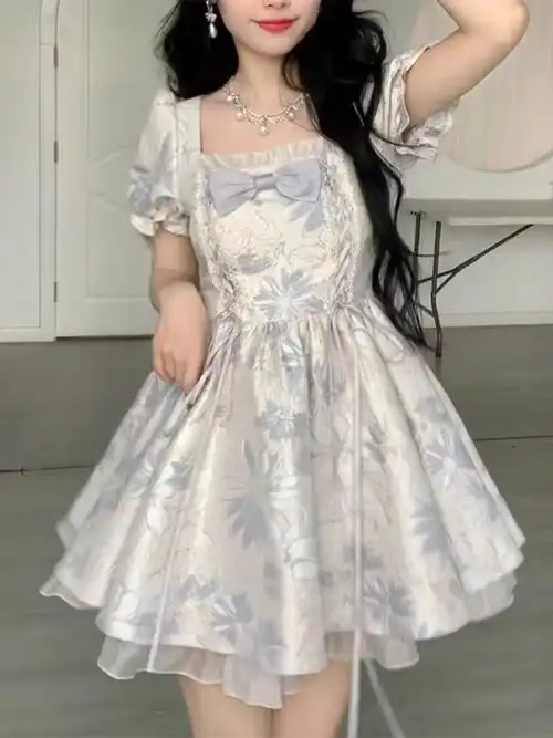 新款法式在逃公主蓝色提花蓬蓬裙连衣裙韩版春夏仙女超仙森系裙子