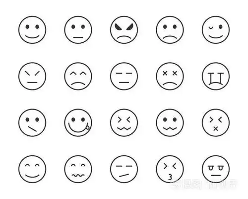 一组表情符号矢量线图标如快乐困倦悲伤愤怒无聊等