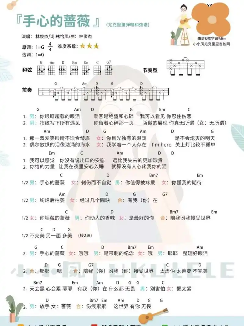 超甜情歌对唱《手心的蔷薇》尤克里里弹唱谱 9696林俊杰&邓紫琪