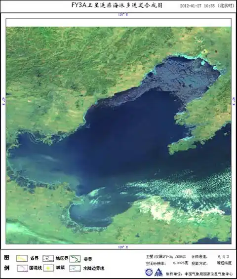 fy3a卫星遥感渤海海冰监测图 2012年1月27日10时35分(北京时)