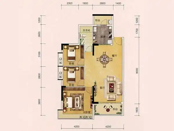 108平三房户型图