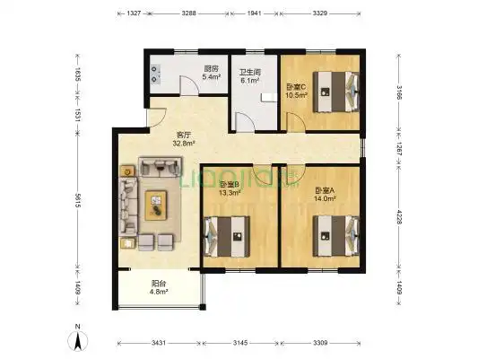 华新苑 3室1厅1卫 108平方卧室a13.98平米南普通窗卧室b13.