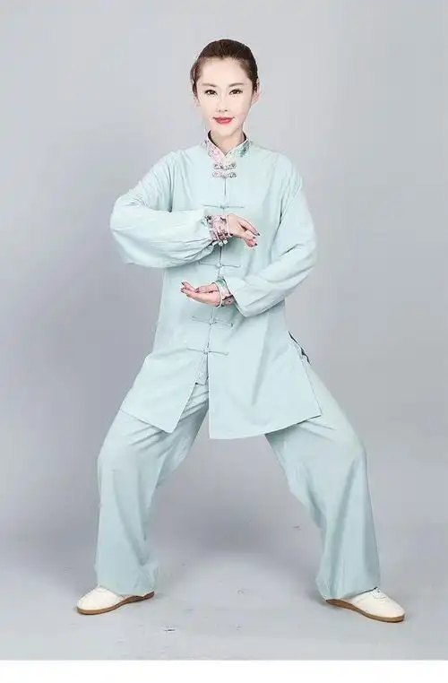 太极服女春秋棉麻长袖琵琶扣中长中老年练功服装中国风新款粉红色s