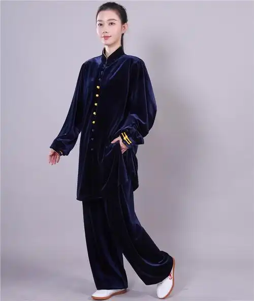 秋冬太极服金丝绒南韩绒加厚新款中长款太极拳练功服女男武术表演 枣