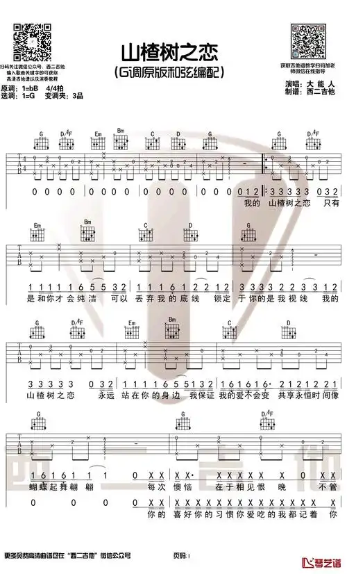 山楂树之恋吉他谱 g调原版 大能人 弹唱图片谱1