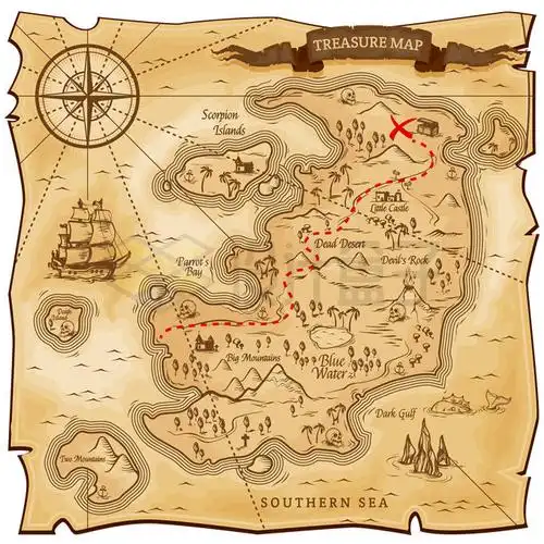 一张复古卡通寻宝图藏宝图地图3925703矢量图片免抠素材