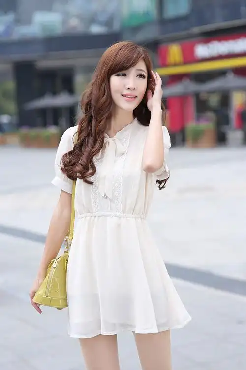 新款夏装女装甜美学院风松紧腰系带淑女短裙短袖连衣裙