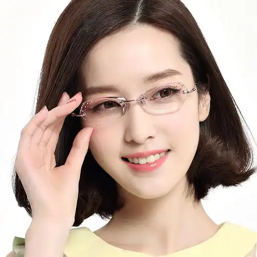 近视眼镜女超轻 无框眼镜架 镶钻切边眼镜框近视女款 优雅白领潮