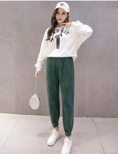 2019新款秋冬季灯芯绒裤子女萝卜裤韩版宽松束脚休闲裤条绒哈伦裤