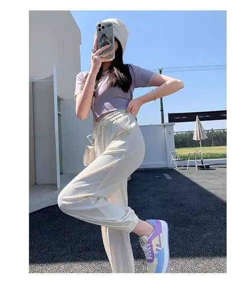 白色冰丝运动裤女夏季薄款小个子九分裤女宽松束脚百搭休闲卫裤子