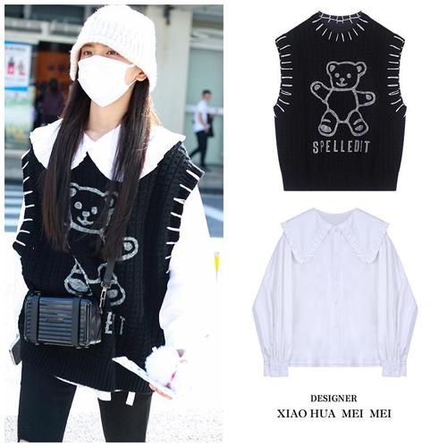 明星杨超越同款黑色小熊针织背心马甲春季新款圆领宽松上衣