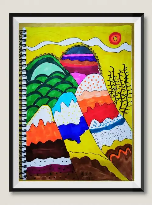 实验小学三年级绘画社团作品欣赏——线描装饰画《山的魅力》