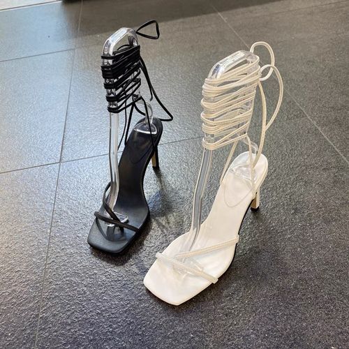 现韩国东大门2022夏新款chic欧美范白色细带绑带露趾夹趾细跟凉鞋