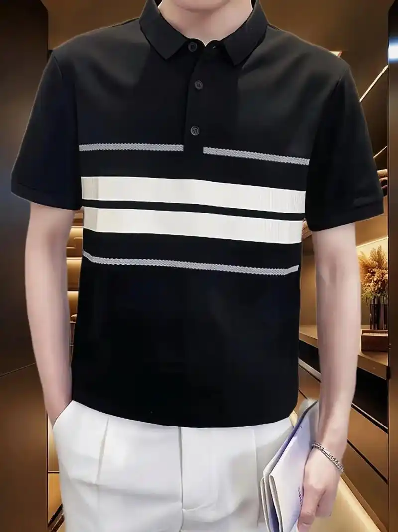 polo衫短袖t恤男夏季潮流2024新款修身条纹拼接时尚痞帅翻领体恤