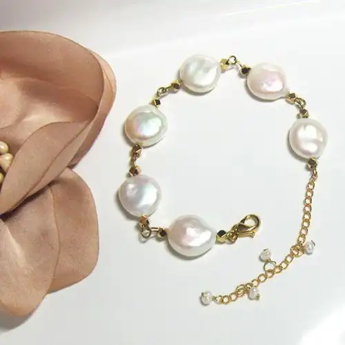 新品鱼家天然巴洛克珍珠纽扣手链优雅气质特制手链