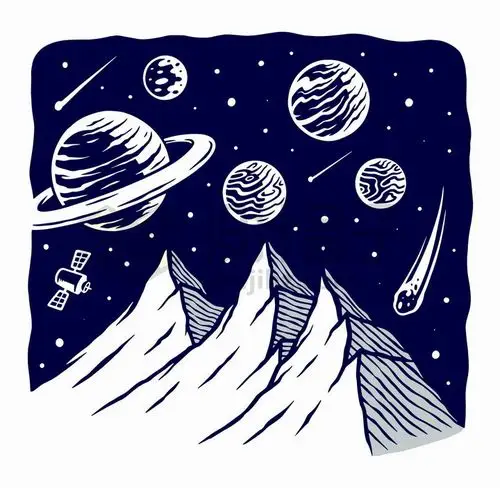 抽象高山和宇宙星球手绘插画png图片免抠矢量素材