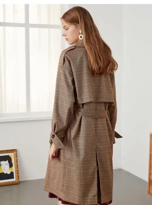 韩版中长款复古英伦风格纹风衣