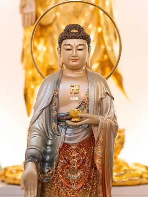 东来紫阿弥陀佛珐琅镶金全铜摆件