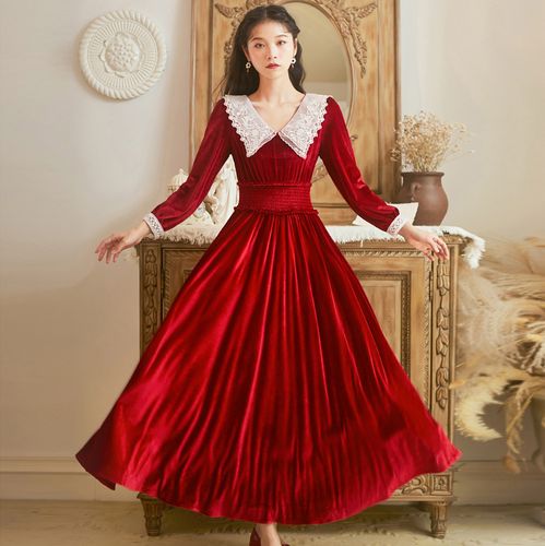 原创秋冬复古宫廷风修身连衣裙中世纪法式丝绒酒红色大摆打底长裙