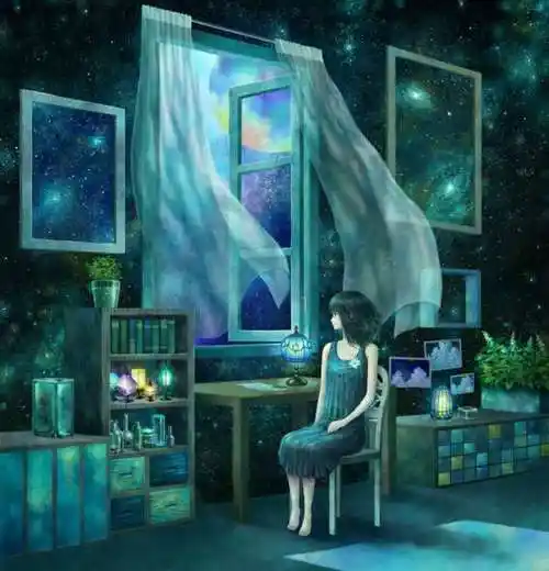 黑夜里孤独的动漫少女独自坐在窗前图片