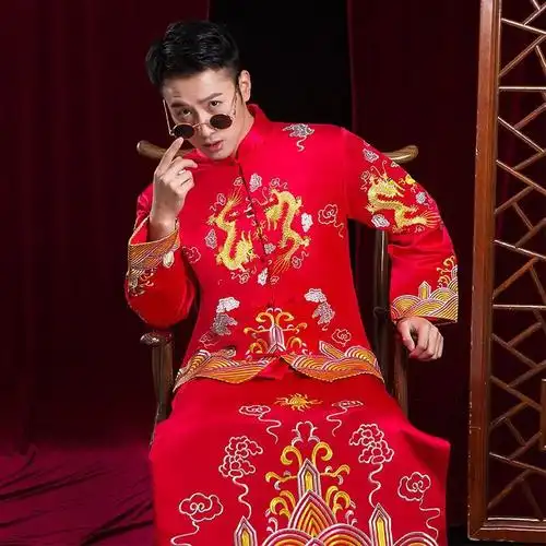 中式婚礼秀禾服男装敬酒服结婚礼服刺绣龙凤褂加大新郎码红色喜服