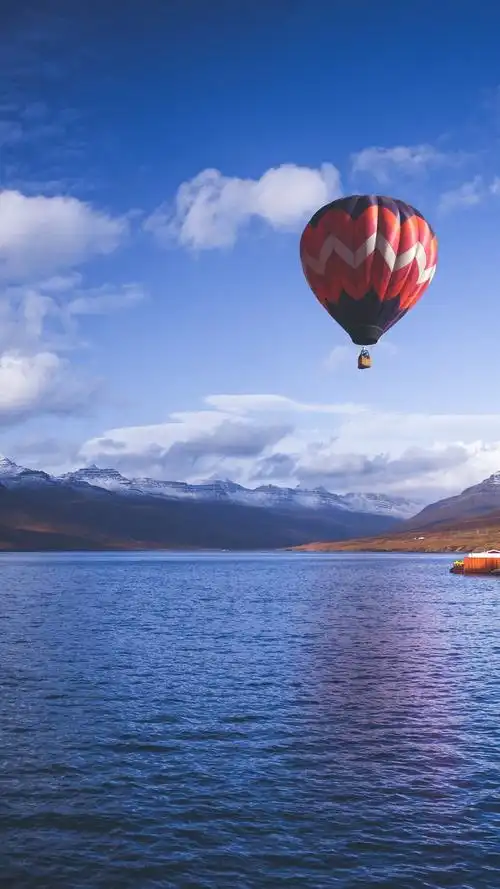 热气球,天空,山,峡湾,海,冰岛