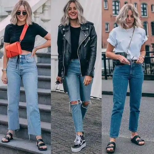 所以此时宽松版型的牛仔裤搭配就显得比较重要一些,选择宽松的但是